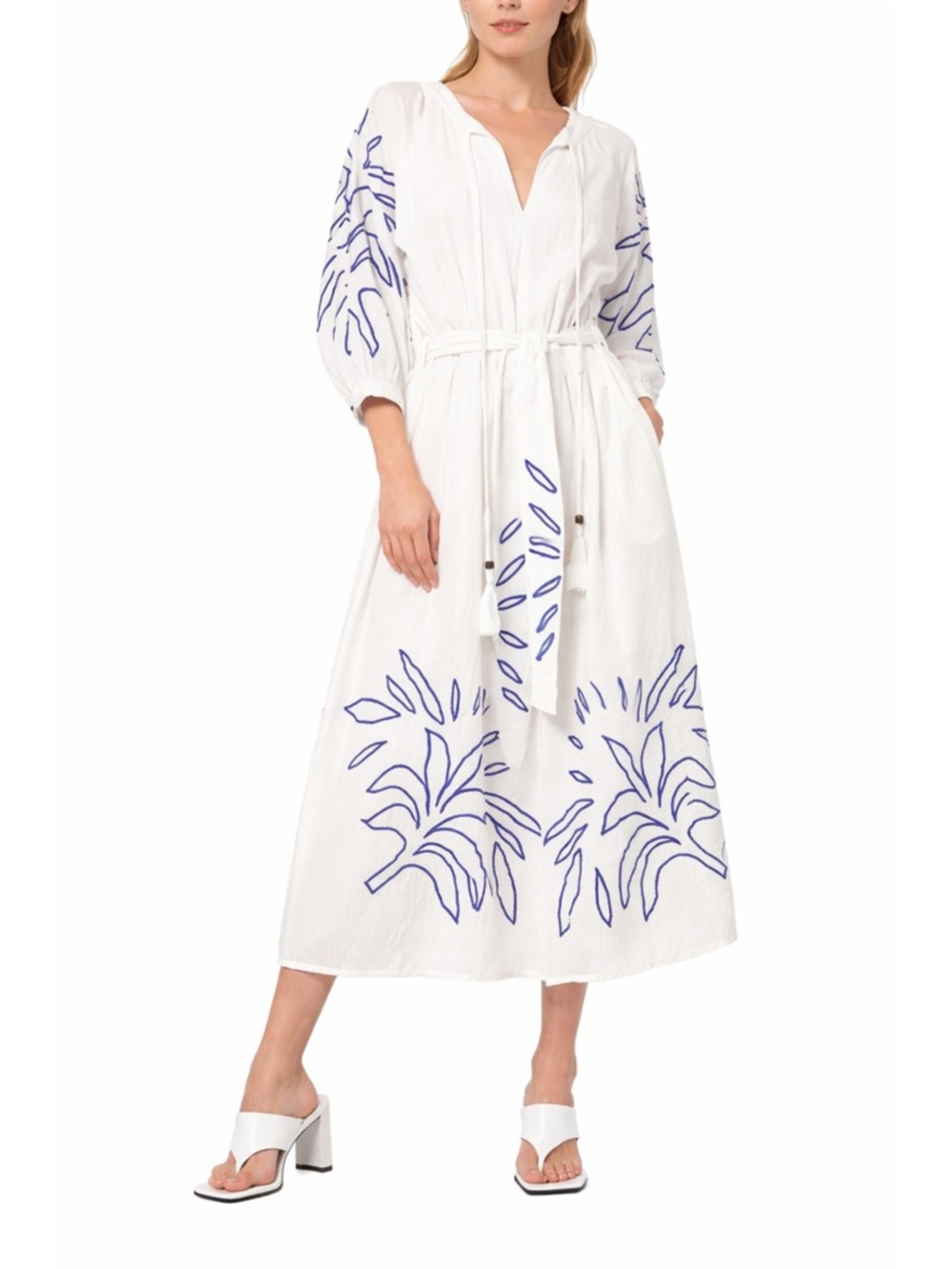NWT Ciebon Eliza Embroidered White Gauze Cotton A-Line Tropical Boho‎ Midi Dress